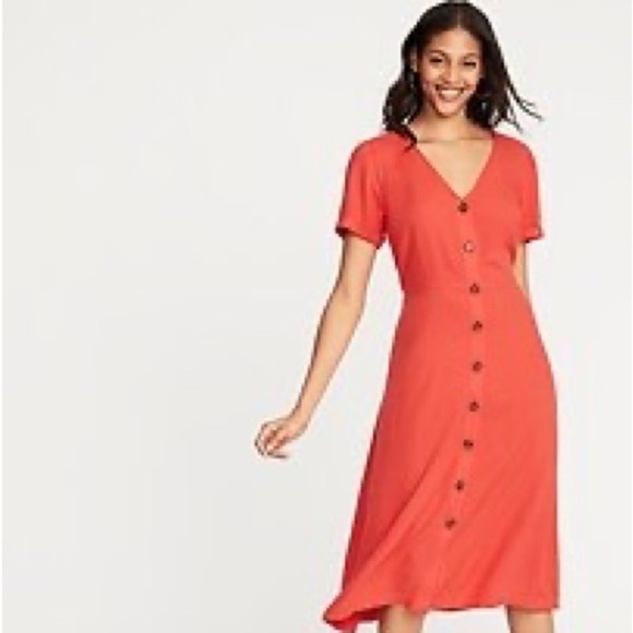 Old Navy Waist Defined V Neck Button Front Midi Tamarind Orange XL - Picture 1 of 2